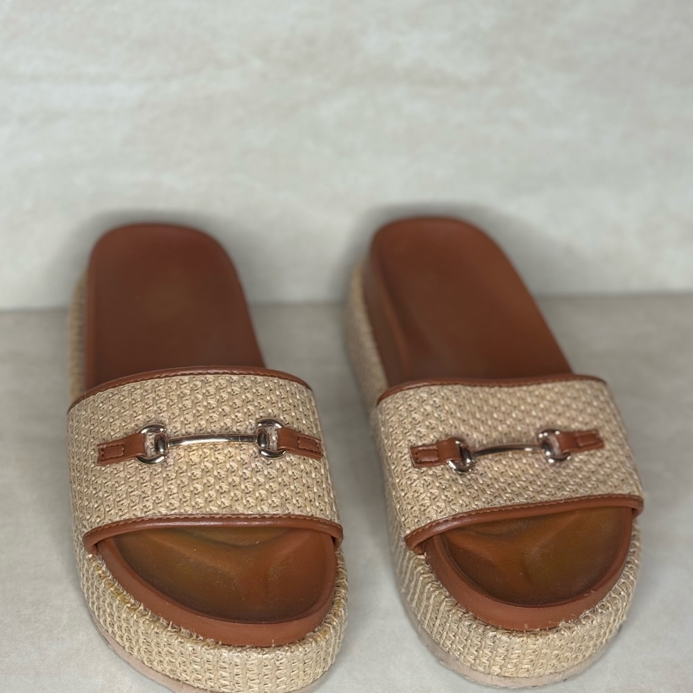 Woven Tan Slide Sandals with Metal Bit Accent